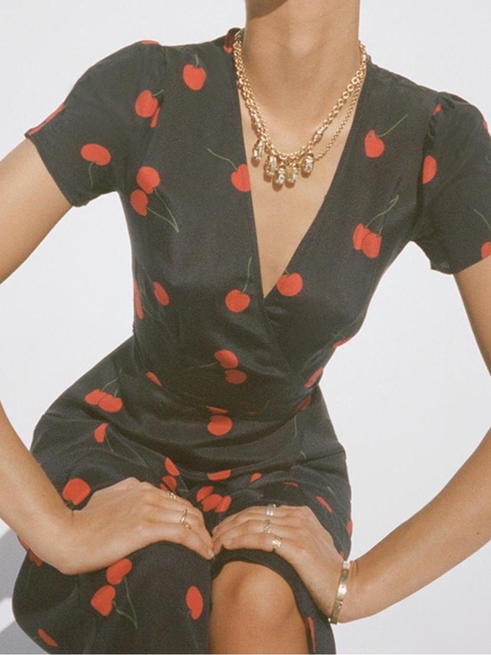 Realisation Par Black Midi Dress with Red Cherry Print size S